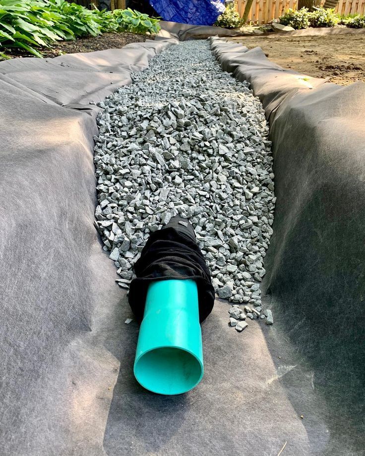 French drain pipe with gravel and landscape fabric