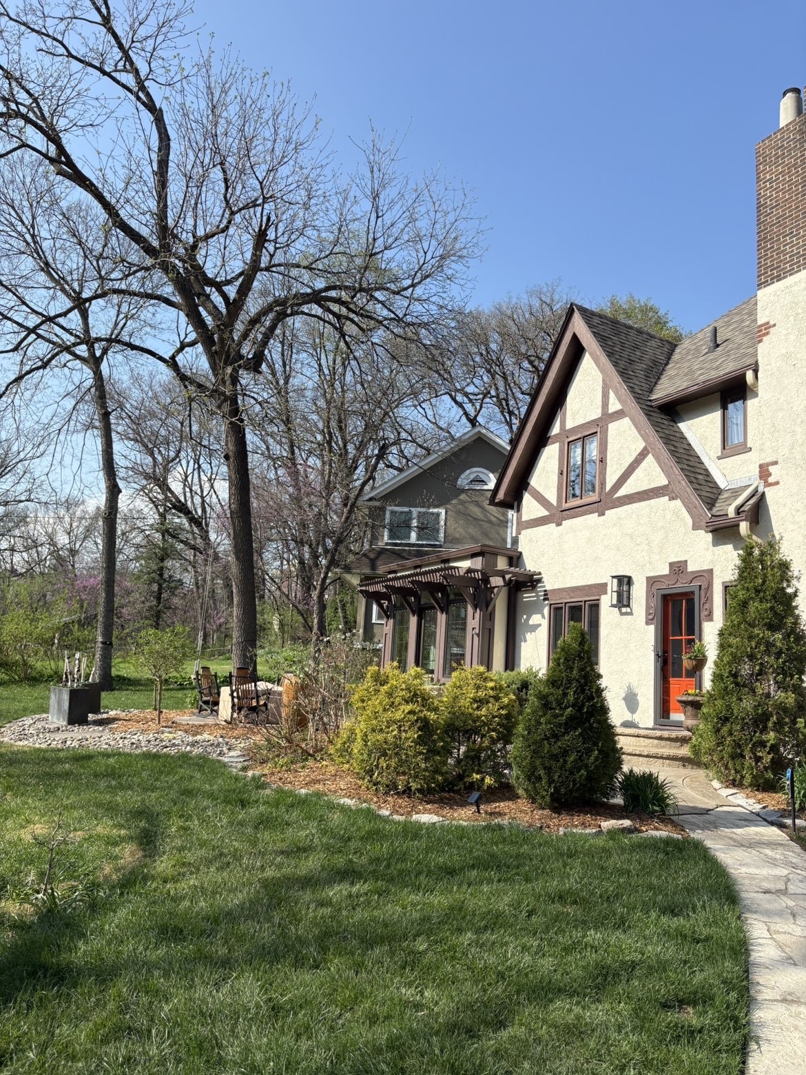 Full residential landscape design and installation at Tudor style home in Des Moines