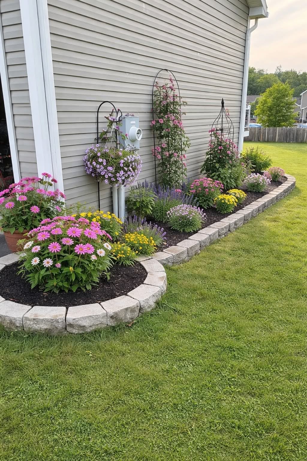 Colorful flower bed with stone border and trellises along home exterior