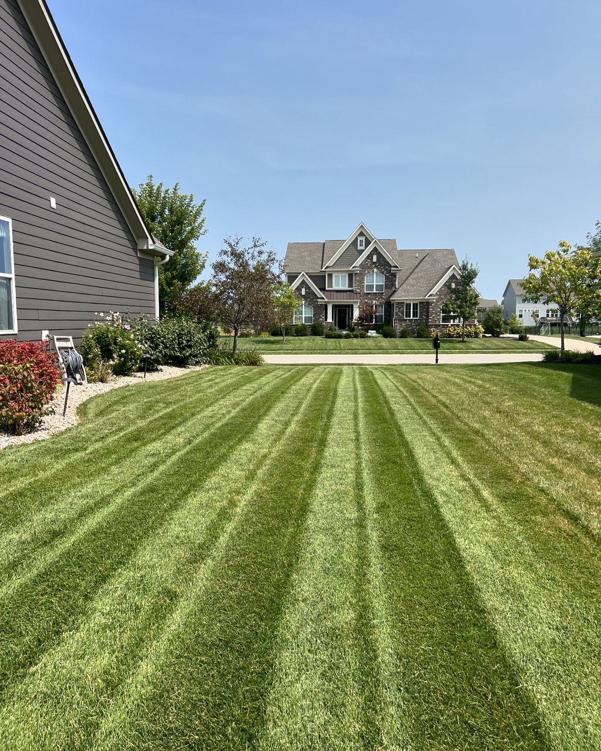 Clean mowing stripes on large residential lawn in Central Iowa