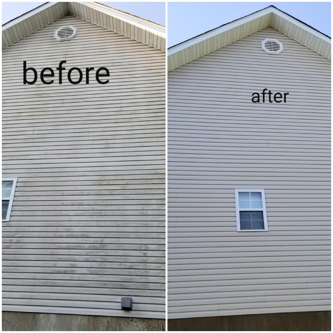 House siding before and after soft washing showing mold removal in Des Moines