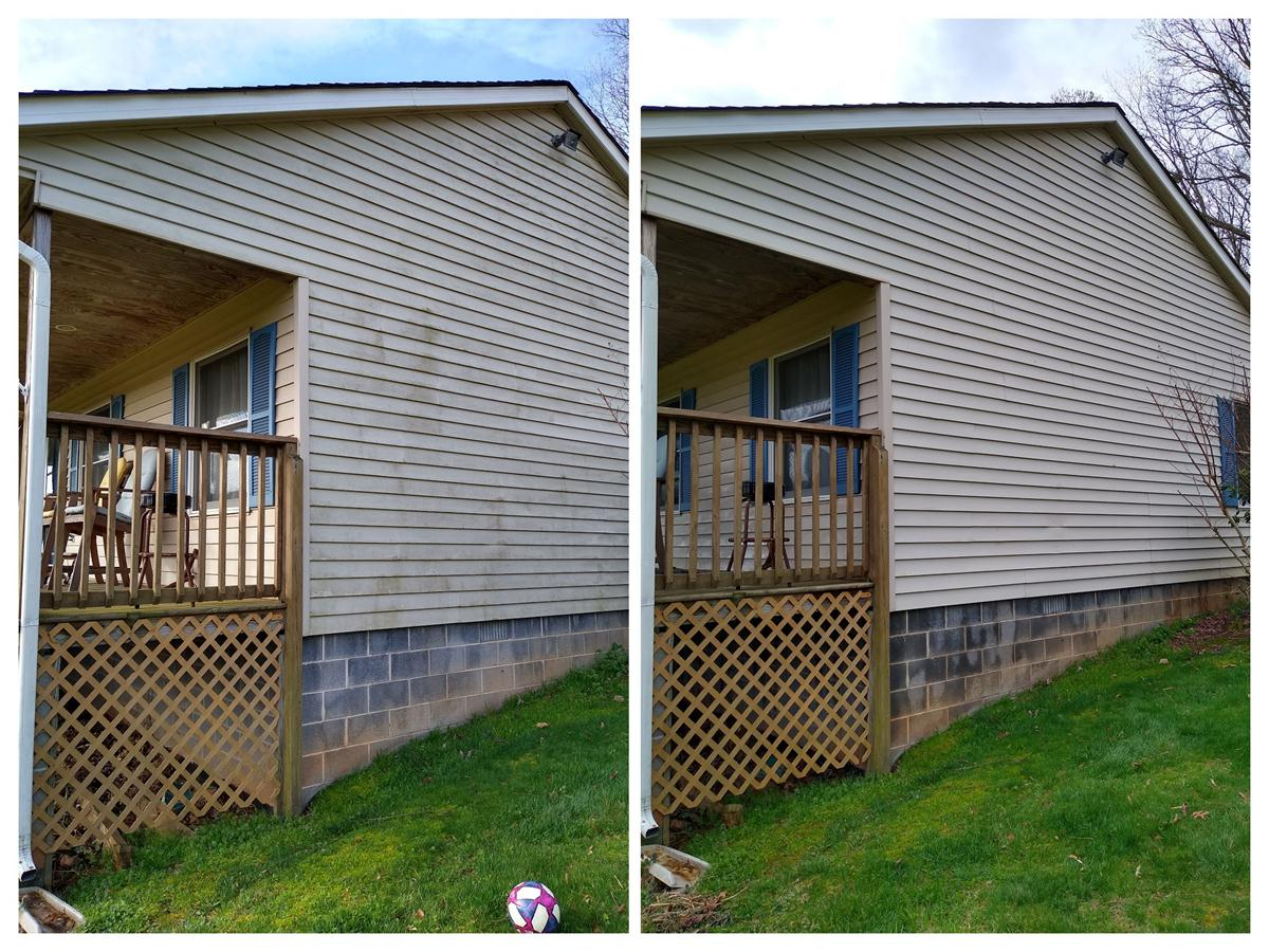 Soft washing exterior siding before and after with porch in Des Moines