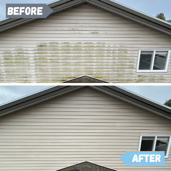 Soft washing house exterior before and after removing algae in Des Moines