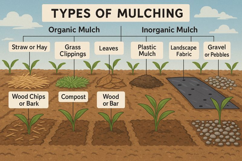 Infographic showing types of mulching: organic options like straw, grass clippings, leaves, wood chips, compost and inorganic options like plastic mulch, landscape fabric, gravel and pebbles